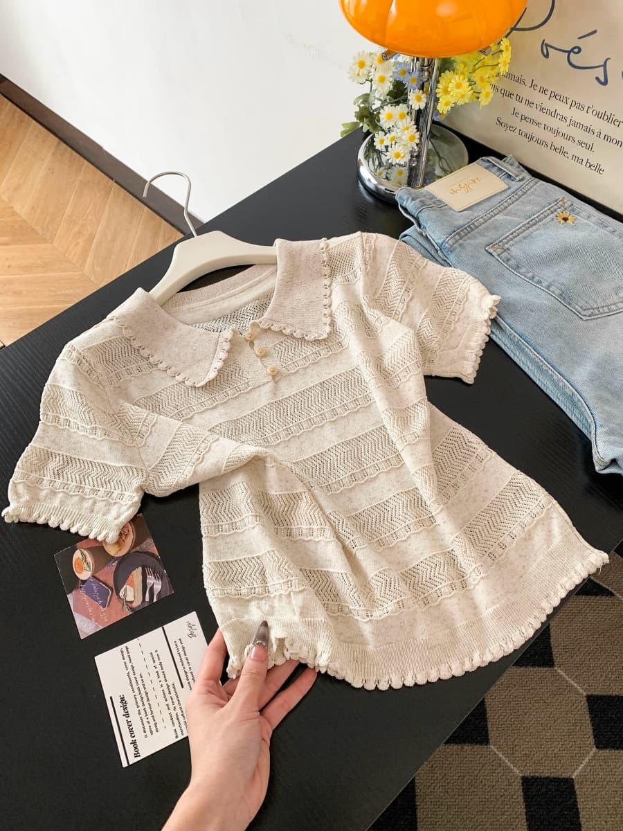 프랑스식 POLO 칼라 반팔 홀로우 아웃 니트 스웨터 여성 여름 새로운 몸매 가꾸기 슬림해 보이는 디자인 센스 긍정적 인 어깨 티셔츠 맨위 상세 이미지 10