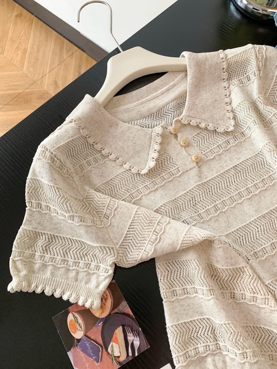 프랑스식 POLO 칼라 반팔 홀로우 아웃 니트 스웨터 여성 여름 새로운 몸매 가꾸기 슬림해 보이는 디자인 센스 긍정적 인 어깨 티셔츠 맨위 상세 이미지 11