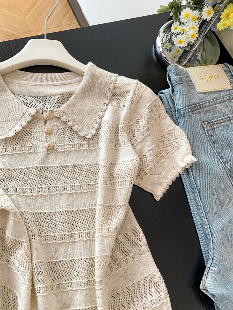 프랑스식 POLO 칼라 반팔 홀로우 아웃 니트 스웨터 여성 여름 새로운 몸매 가꾸기 슬림해 보이는 디자인 센스 긍정적 인 어깨 티셔츠 맨위 상세 이미지 12