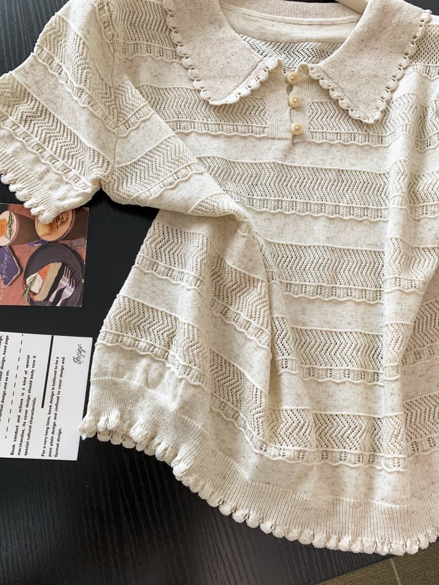 프랑스식 POLO 칼라 반팔 홀로우 아웃 니트 스웨터 여성 여름 새로운 몸매 가꾸기 슬림해 보이는 디자인 센스 긍정적 인 어깨 티셔츠 맨위 상세 이미지 14