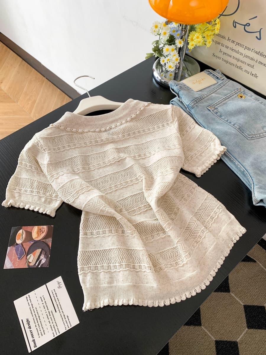 프랑스식 POLO 칼라 반팔 홀로우 아웃 니트 스웨터 여성 여름 새로운 몸매 가꾸기 슬림해 보이는 디자인 센스 긍정적 인 어깨 티셔츠 맨위 상세 이미지 15