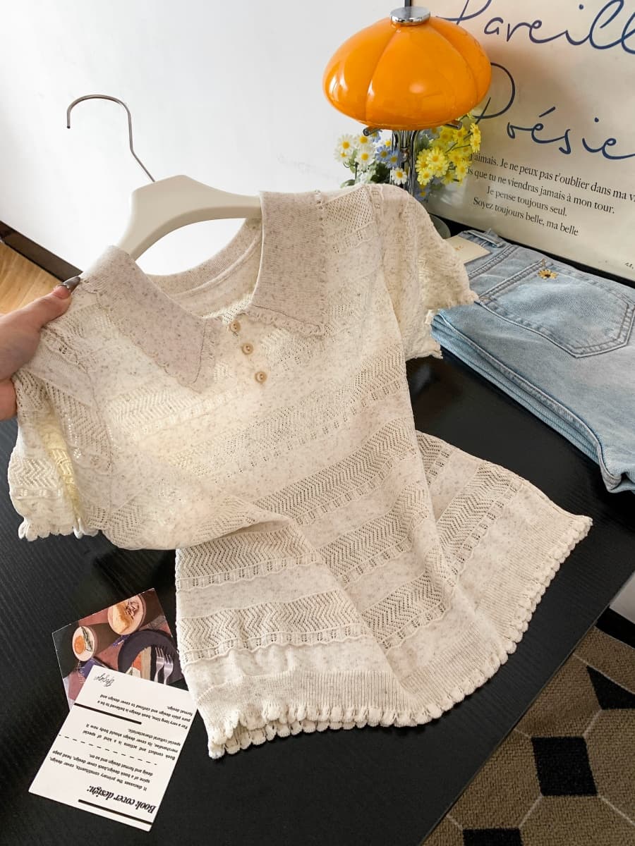프랑스식 POLO 칼라 반팔 홀로우 아웃 니트 스웨터 여성 여름 새로운 몸매 가꾸기 슬림해 보이는 디자인 센스 긍정적 인 어깨 티셔츠 맨위 상세 이미지 16