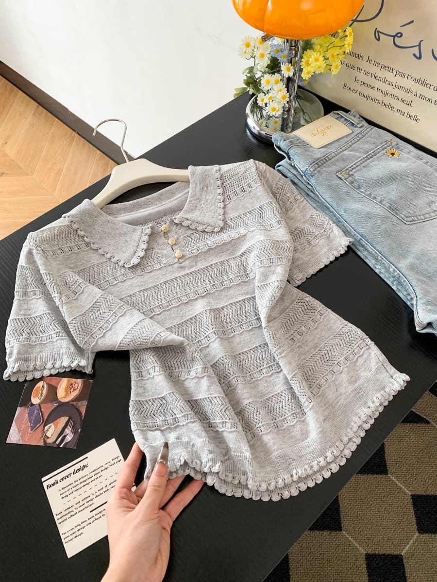 프랑스식 POLO 칼라 반팔 홀로우 아웃 니트 스웨터 여성 여름 새로운 몸매 가꾸기 슬림해 보이는 디자인 센스 긍정적 인 어깨 티셔츠 맨위 상세 이미지 17