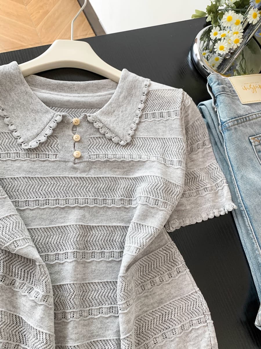 프랑스식 POLO 칼라 반팔 홀로우 아웃 니트 스웨터 여성 여름 새로운 몸매 가꾸기 슬림해 보이는 디자인 센스 긍정적 인 어깨 티셔츠 맨위 상세 이미지 19
