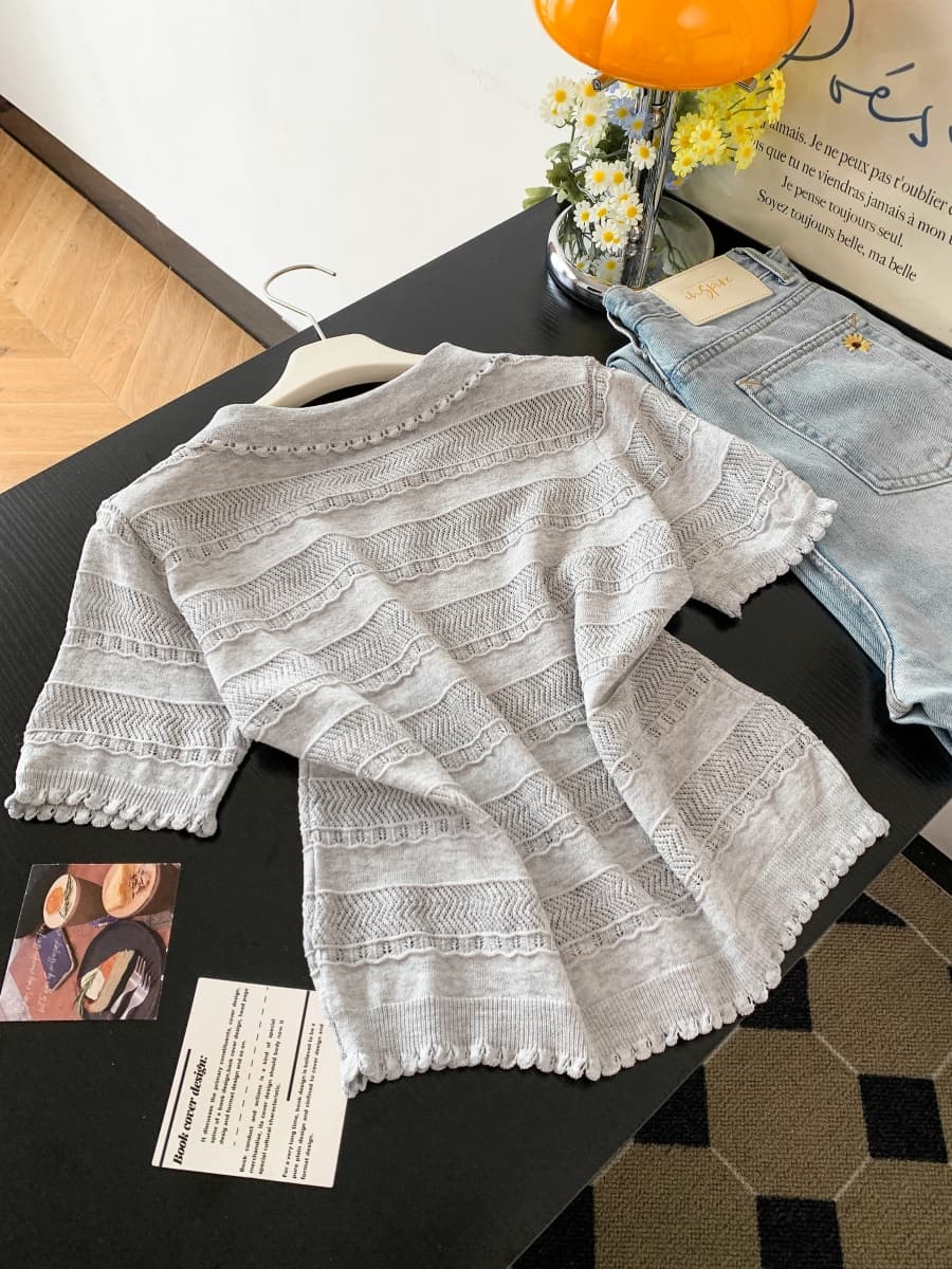 프랑스식 POLO 칼라 반팔 홀로우 아웃 니트 스웨터 여성 여름 새로운 몸매 가꾸기 슬림해 보이는 디자인 센스 긍정적 인 어깨 티셔츠 맨위 상세 이미지 22