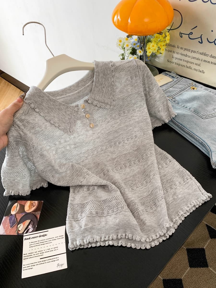 프랑스식 POLO 칼라 반팔 홀로우 아웃 니트 스웨터 여성 여름 새로운 몸매 가꾸기 슬림해 보이는 디자인 센스 긍정적 인 어깨 티셔츠 맨위 상세 이미지 23