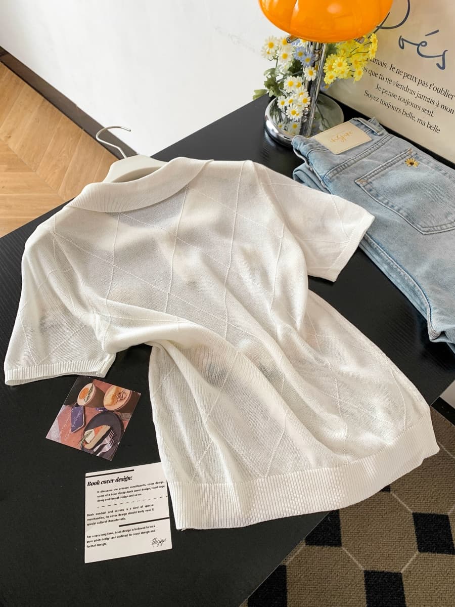 한 부서 POLO 칼라 니트 반팔 티셔츠 여성 2026 새로운 여름 꽃 자수 루즈핏 다용도 슬림해 보이는 맨위 상세 이미지 6