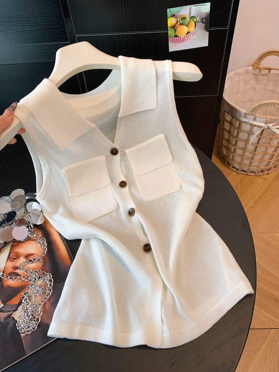 실사 오래된 돈 바람 품격 V넥 니트 아마 조끼 여름 더블 주머니 얇은 스타일 폴로 칼라 허리 수축 맨위 여성 이미지 2