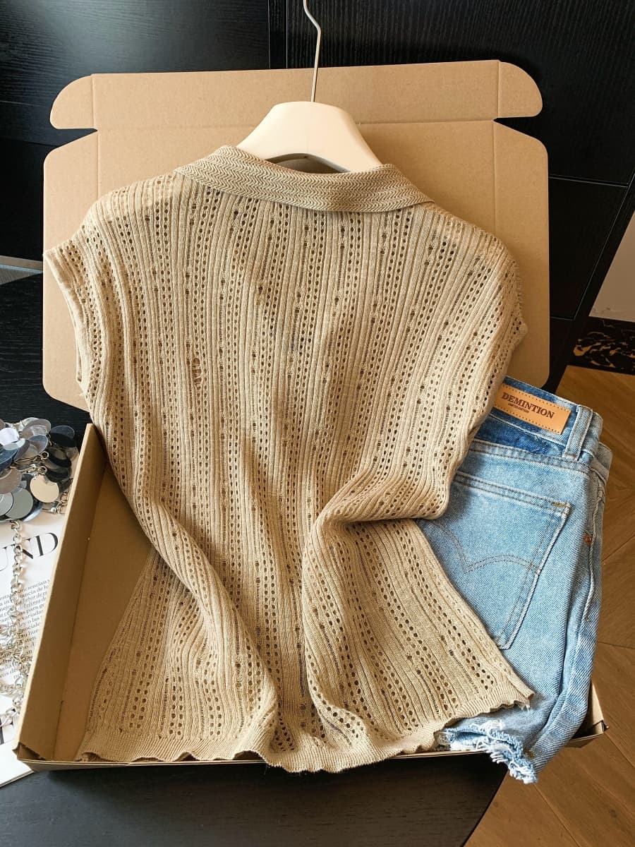 폴로 칼라 홀로우 아웃 얼음 실크 니트 반팔 티셔츠 여성 여름 작은 날다 소매 프랑스식 사소한 경기 스카프 POLO 칼라 맨위 상세 이미지 12