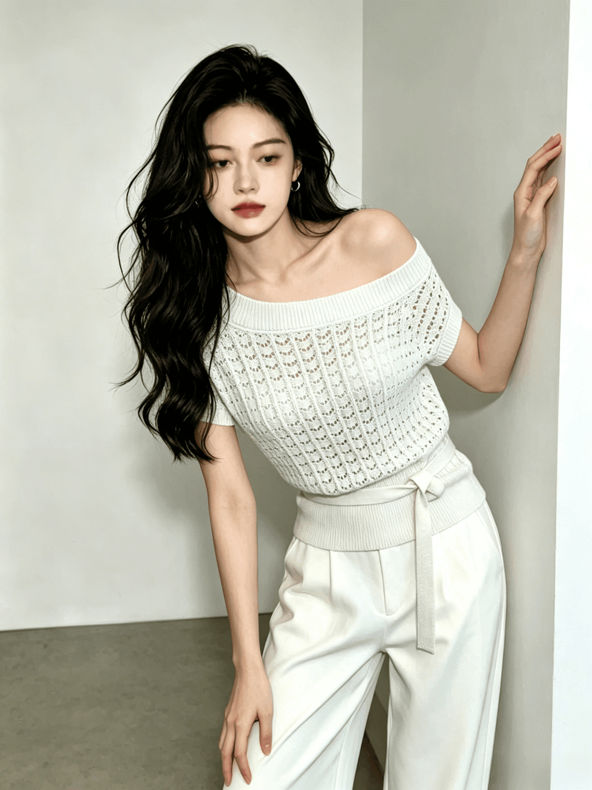 오프숄더 홀로우 아웃 니트 반팔 티셔츠 여성 여름 한 부서 부드러운 바람 허리 수축 레이스업 오프숄더 디자인 센스 맨위 상세 이미지 3