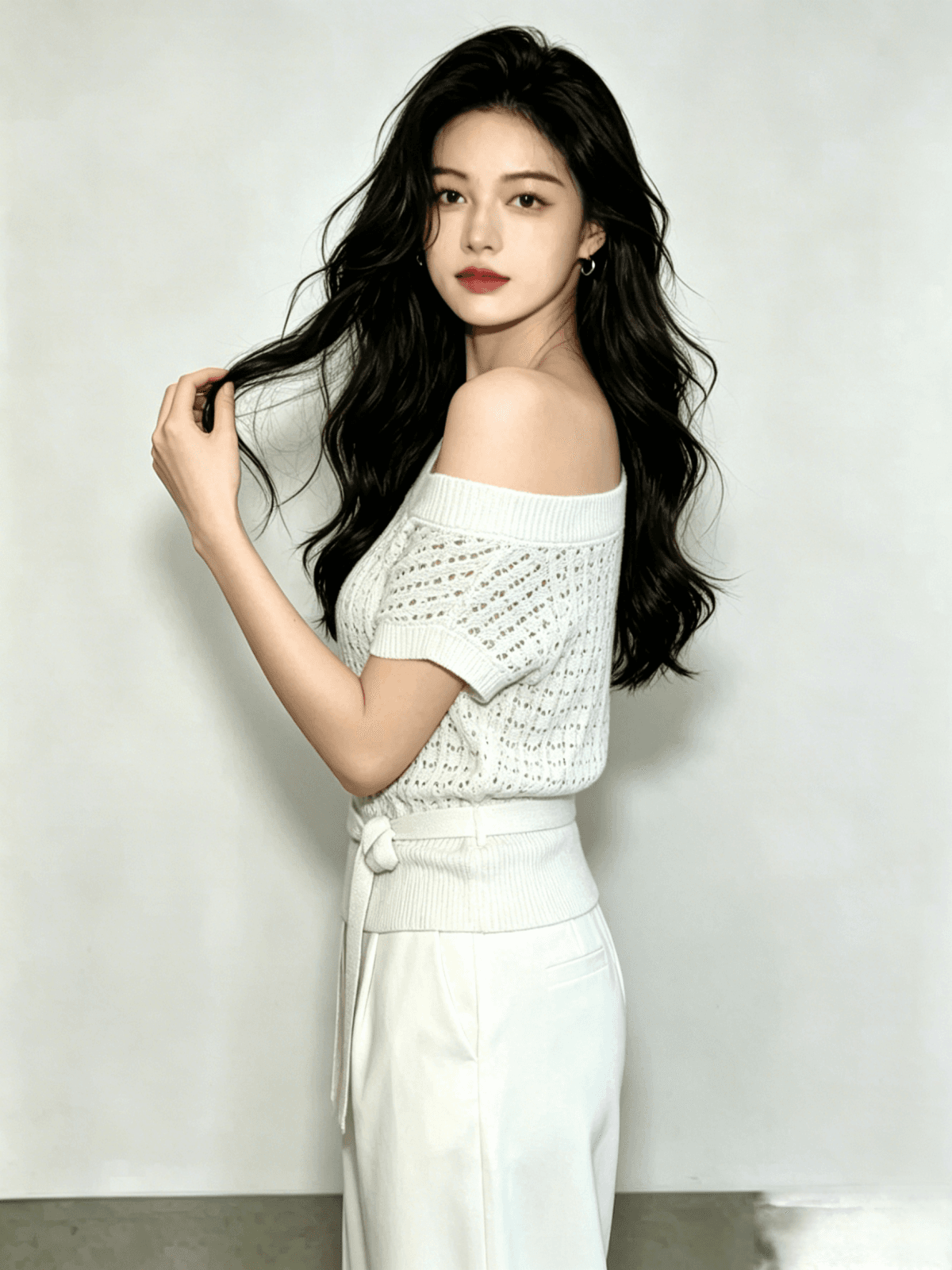 오프숄더 홀로우 아웃 니트 반팔 티셔츠 여성 여름 한 부서 부드러운 바람 허리 수축 레이스업 오프숄더 디자인 센스 맨위 상세 이미지 5