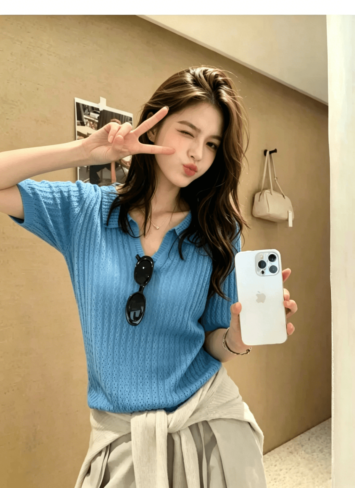 도파민 파란색 POLO 칼라 긍정적 인 어깨 반팔 니트 티셔츠 여성 여름 느슨함 센스 루즈핏 폴로 칼라 홀로우 아웃 맨위 상세 이미지 1