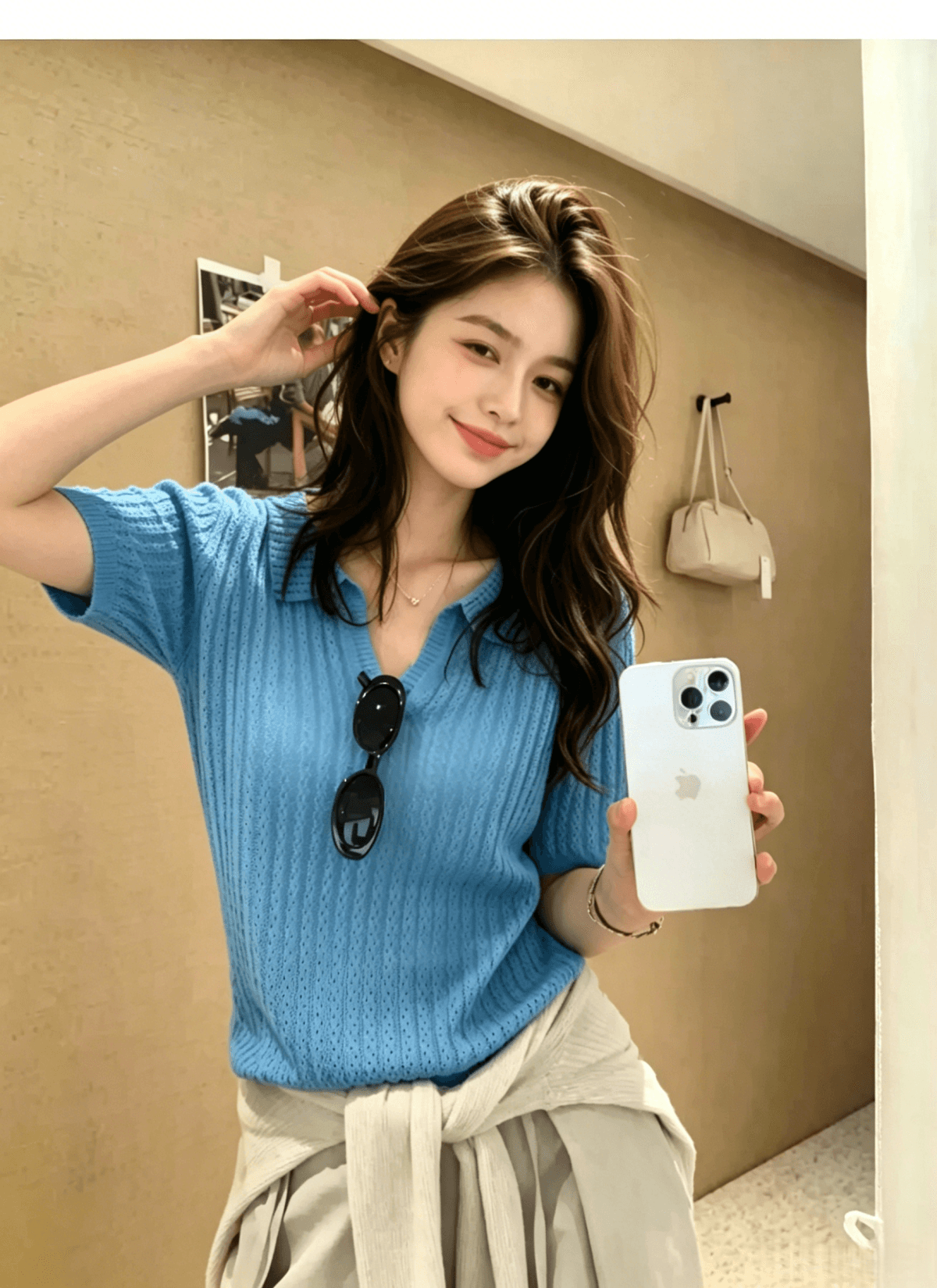 도파민 파란색 POLO 칼라 긍정적 인 어깨 반팔 니트 티셔츠 여성 여름 느슨함 센스 루즈핏 폴로 칼라 홀로우 아웃 맨위 상세 이미지 2