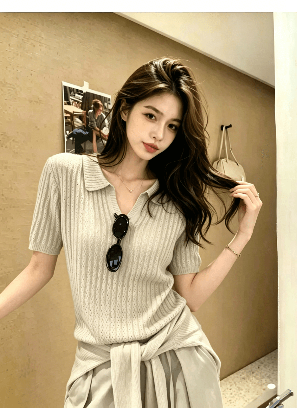 도파민 파란색 POLO 칼라 긍정적 인 어깨 반팔 니트 티셔츠 여성 여름 느슨함 센스 루즈핏 폴로 칼라 홀로우 아웃 맨위 상세 이미지 8