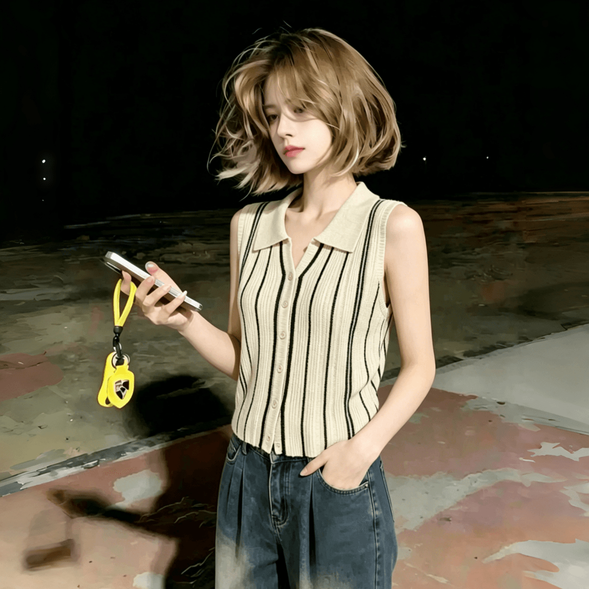 질감 센스 배색 세로 줄무늬 POLO 칼라 니트 조끼 여성 여름 새로운 품격 몸매 가꾸기 민소매 맨위 이미지 2