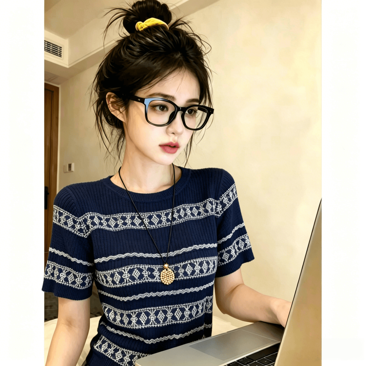 레트로 문예 바람 니트 반팔 여성 2026 여름 새로운 프랑스식 스트라이프 자카드 얇은 스타일 티셔츠 통기성 맨위 이미지 3