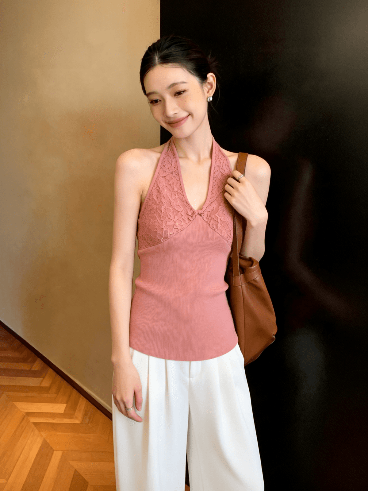 한 부서 핑크색 행침 목 작은 슬링 조끼 여성 여름 핫걸 착용 가져 가라. 디자인 센스 외출용 민소매 아름다움 뒤쪽에 의류 상세 이미지 1