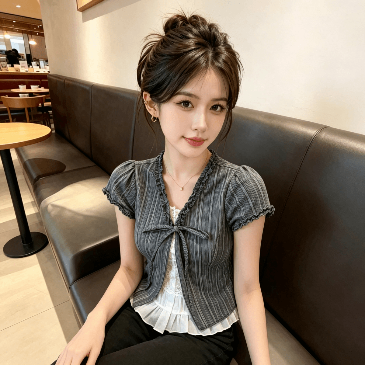페이크 레이어드 V넥 레이스업 블랙 회색 스트라이프 반팔 여성 셔츠 여름 한 부서 달콤함 디자인 센스 맨위 이미지 5
