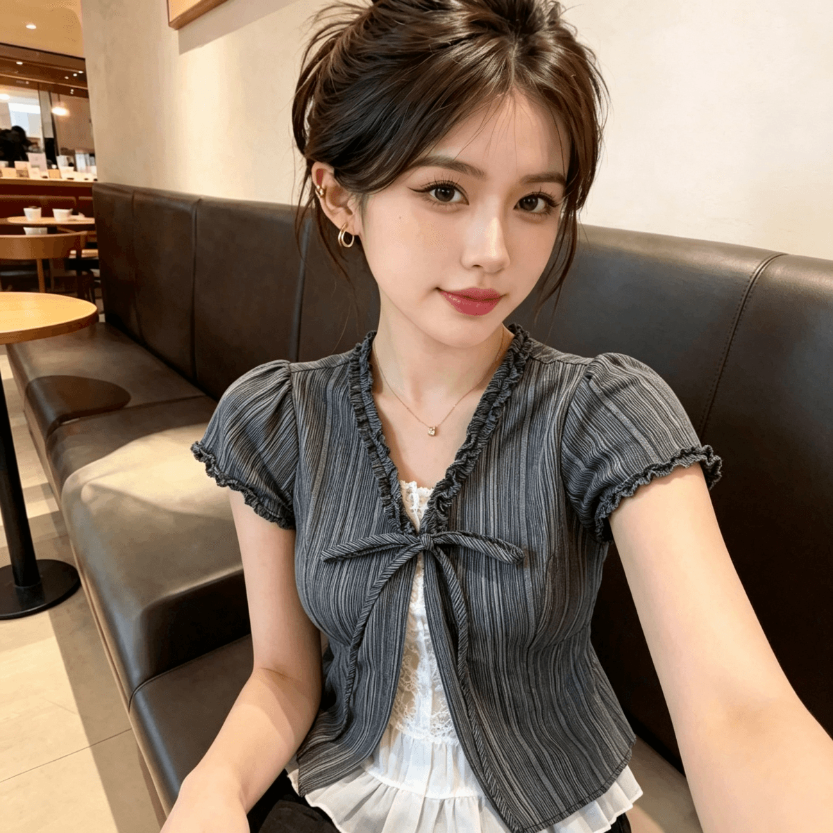 페이크 레이어드 V넥 레이스업 블랙 회색 스트라이프 반팔 여성 셔츠 여름 한 부서 달콤함 디자인 센스 맨위 상세 이미지 1