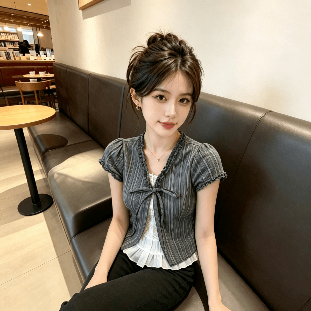 페이크 레이어드 V넥 레이스업 블랙 회색 스트라이프 반팔 여성 셔츠 여름 한 부서 달콤함 디자인 센스 맨위 상세 이미지 3