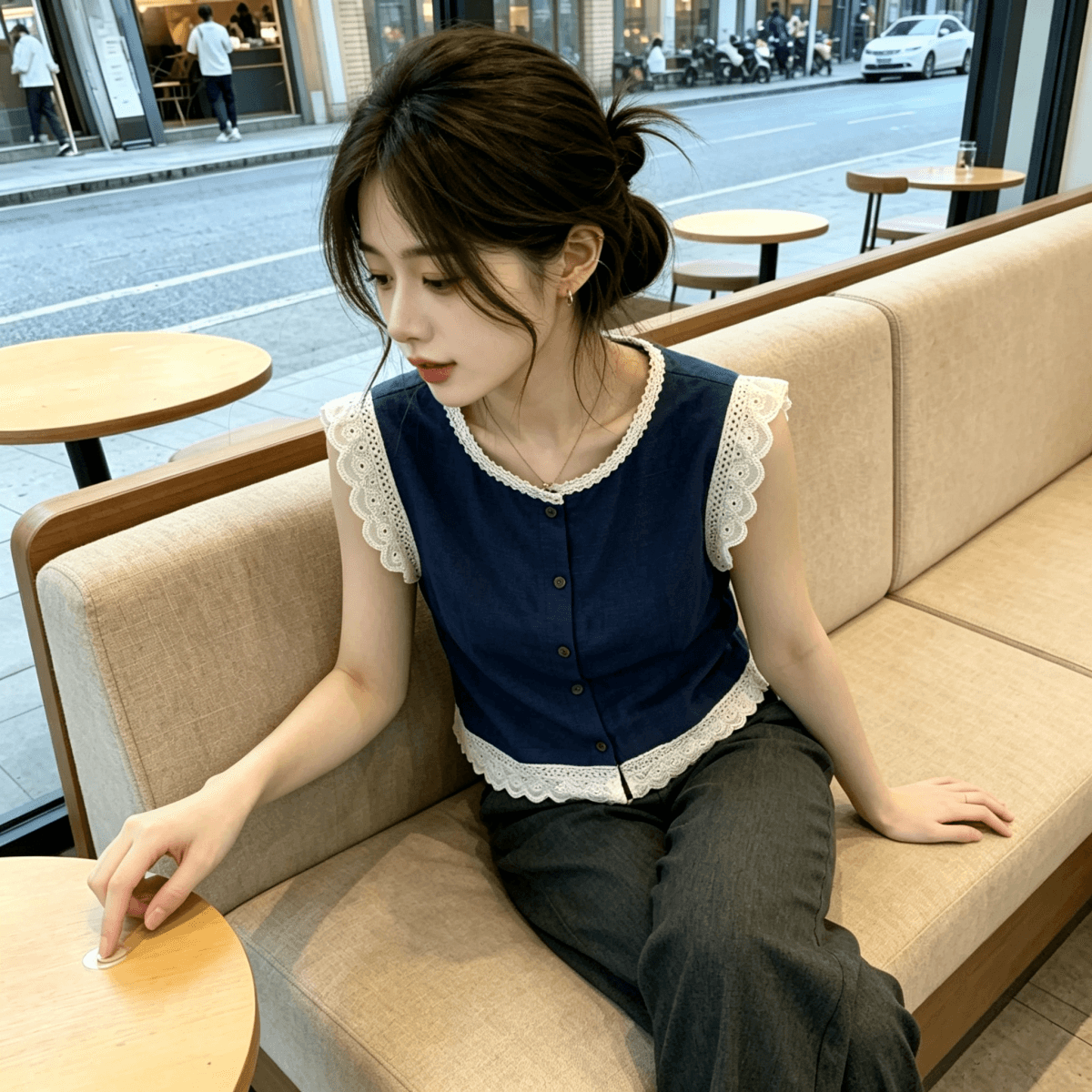 레이스 레이스 민소매 여성 셔츠 여름 한국 스타일 새로운 디자인 센스 외국 가스 연령 감소 품격 작은 날다 소매 맨위 상세 이미지 2