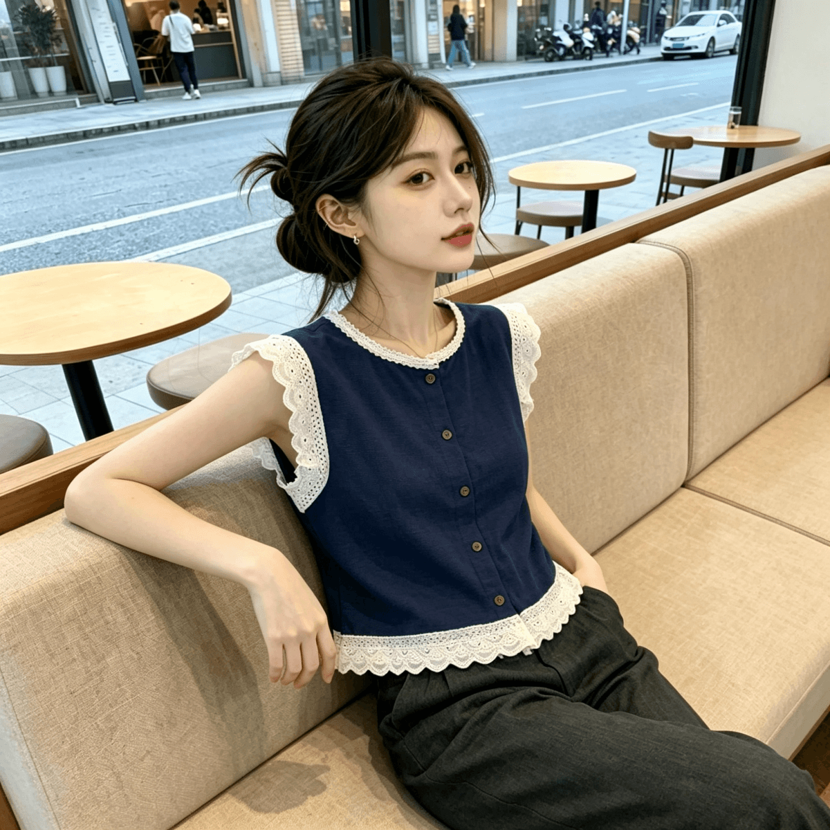 레이스 레이스 민소매 여성 셔츠 여름 한국 스타일 새로운 디자인 센스 외국 가스 연령 감소 품격 작은 날다 소매 맨위 상세 이미지 3