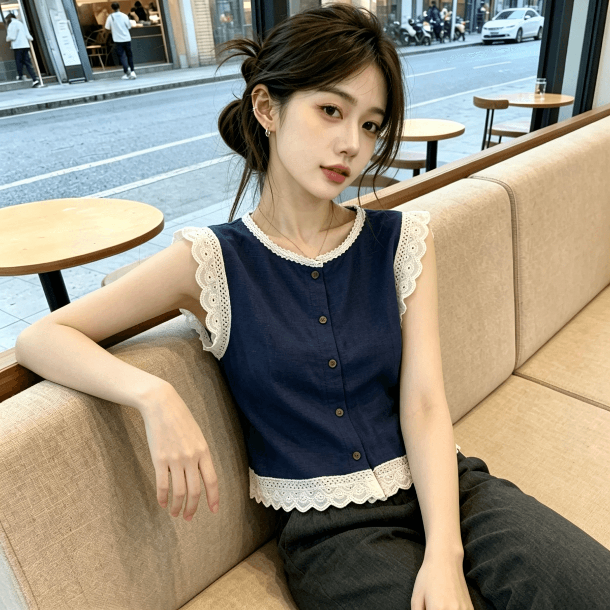 레이스 레이스 민소매 여성 셔츠 여름 한국 스타일 새로운 디자인 센스 외국 가스 연령 감소 품격 작은 날다 소매 맨위 상세 이미지 7