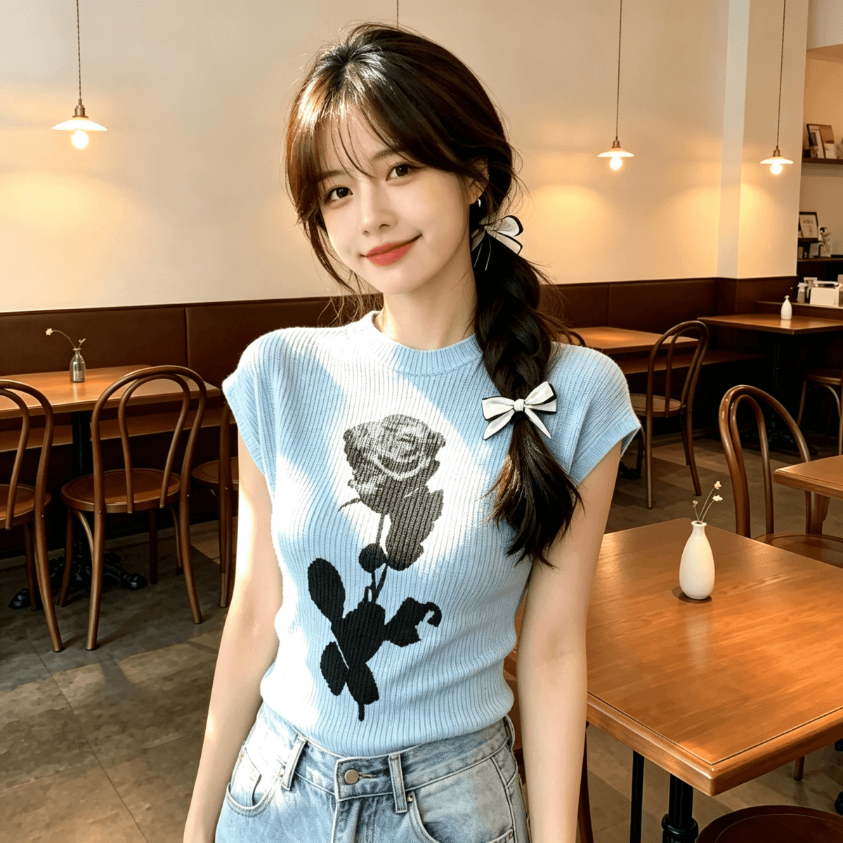 한 부서 사소한 장미 프린트 얼음 실크 니트 스웨터 작은 날다 소매 티셔츠 여성 여름 몸매 가꾸기 고유 한 긍정적 인 어깨 의류 상세 이미지 12