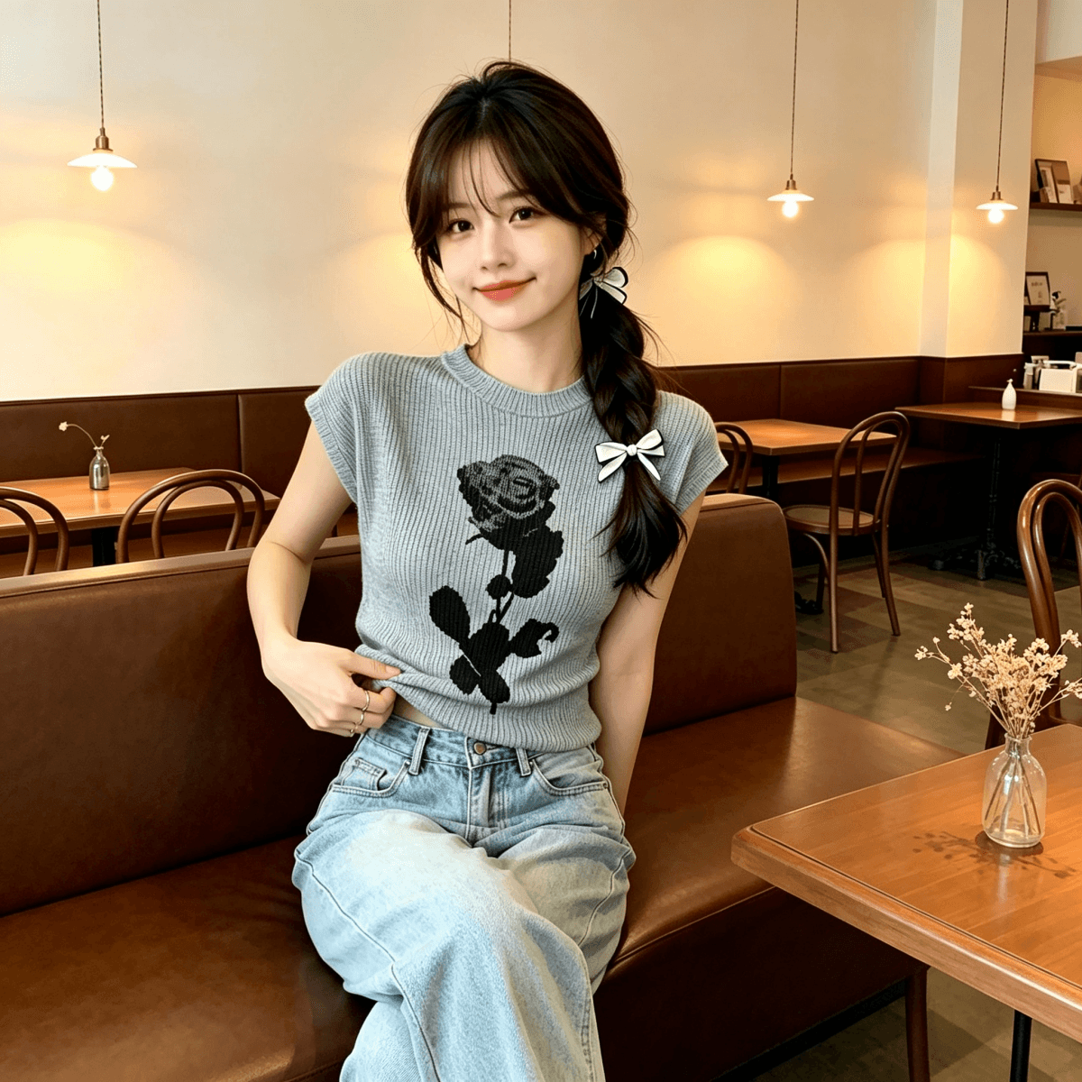 한 부서 사소한 장미 프린트 얼음 실크 니트 스웨터 작은 날다 소매 티셔츠 여성 여름 몸매 가꾸기 고유 한 긍정적 인 어깨 의류 상세 이미지 16