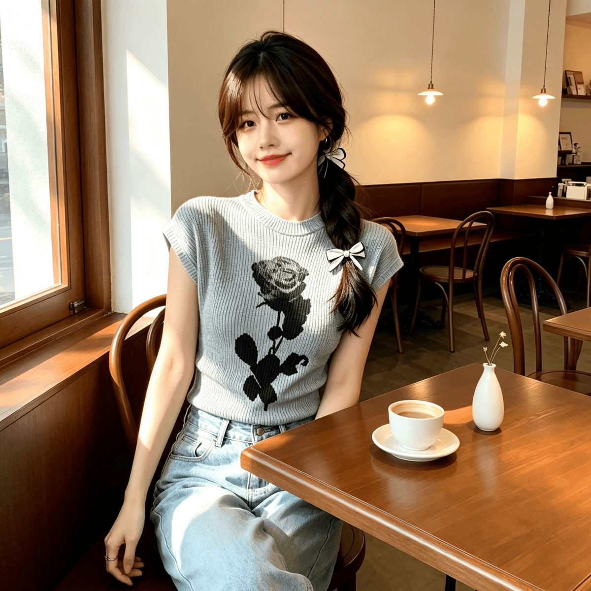 한 부서 사소한 장미 프린트 얼음 실크 니트 스웨터 작은 날다 소매 티셔츠 여성 여름 몸매 가꾸기 고유 한 긍정적 인 어깨 의류 상세 이미지 18