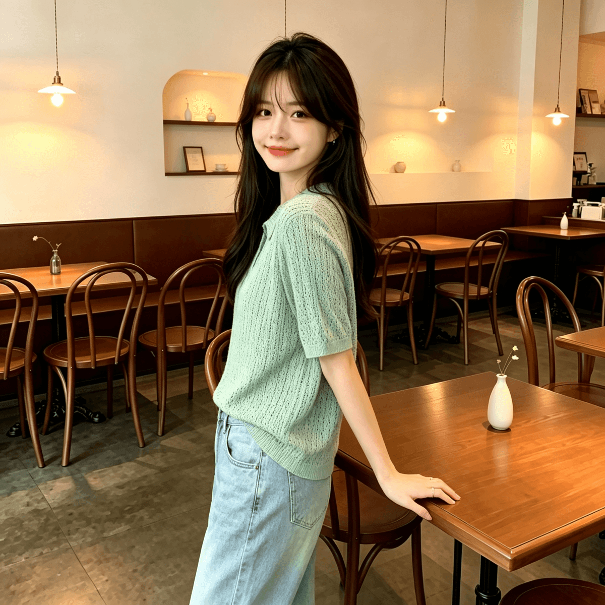높음 지혜 센스 착용 가져 가라. 녹색 POLO 칼라 홀로우 아웃 반팔 티셔츠 여성 여름 얇은 스타일 폴로 칼라 얼음 마 니트 스웨터 맨위 이미지 3