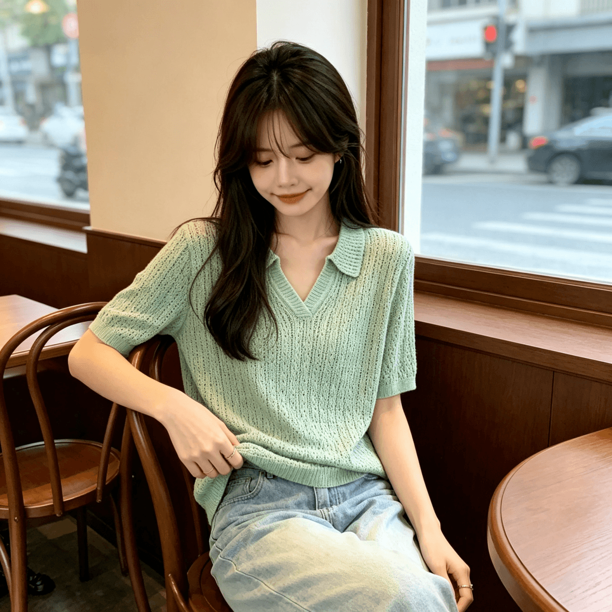 높음 지혜 센스 착용 가져 가라. 녹색 POLO 칼라 홀로우 아웃 반팔 티셔츠 여성 여름 얇은 스타일 폴로 칼라 얼음 마 니트 스웨터 맨위 이미지 4