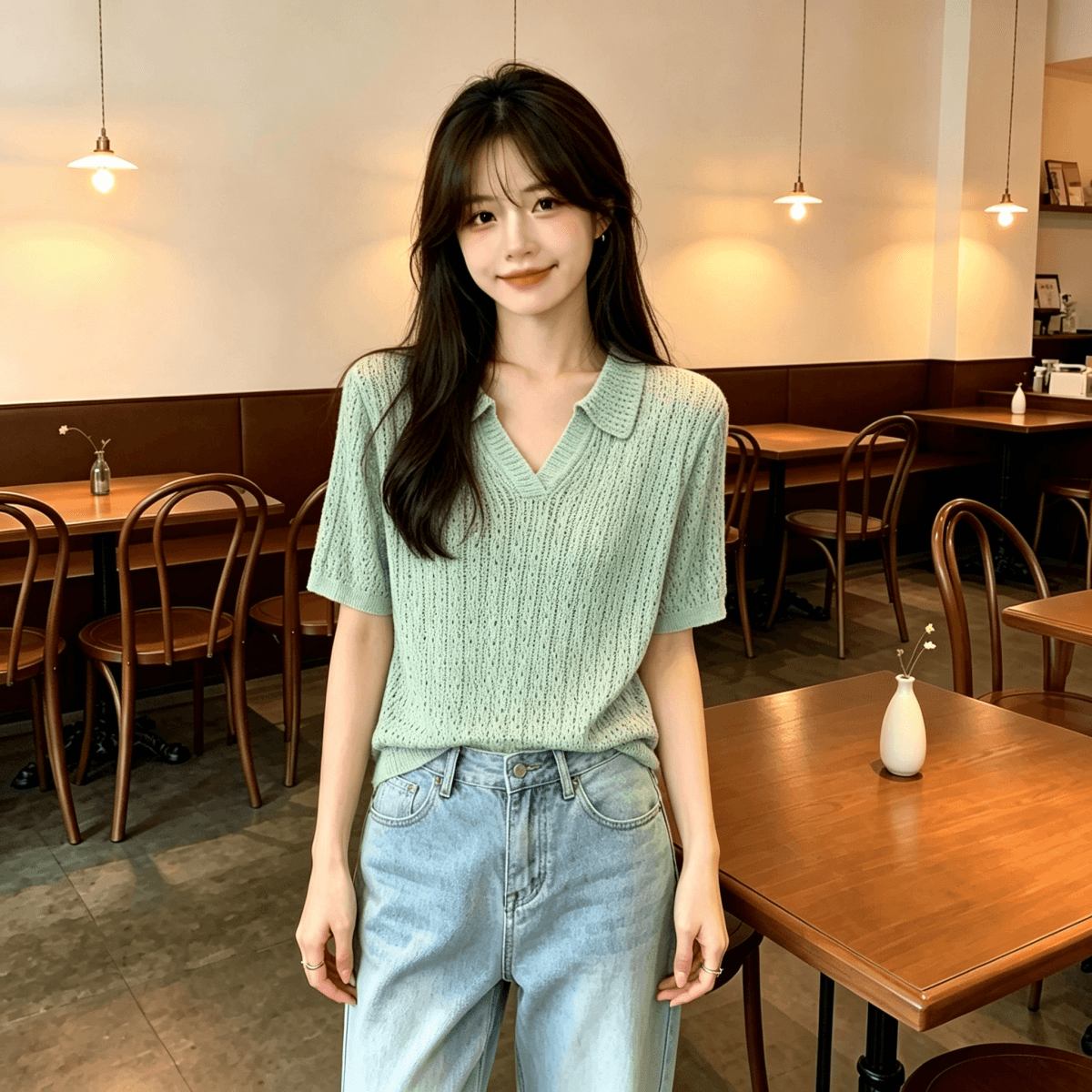 높음 지혜 센스 착용 가져 가라. 녹색 POLO 칼라 홀로우 아웃 반팔 티셔츠 여성 여름 얇은 스타일 폴로 칼라 얼음 마 니트 스웨터 맨위