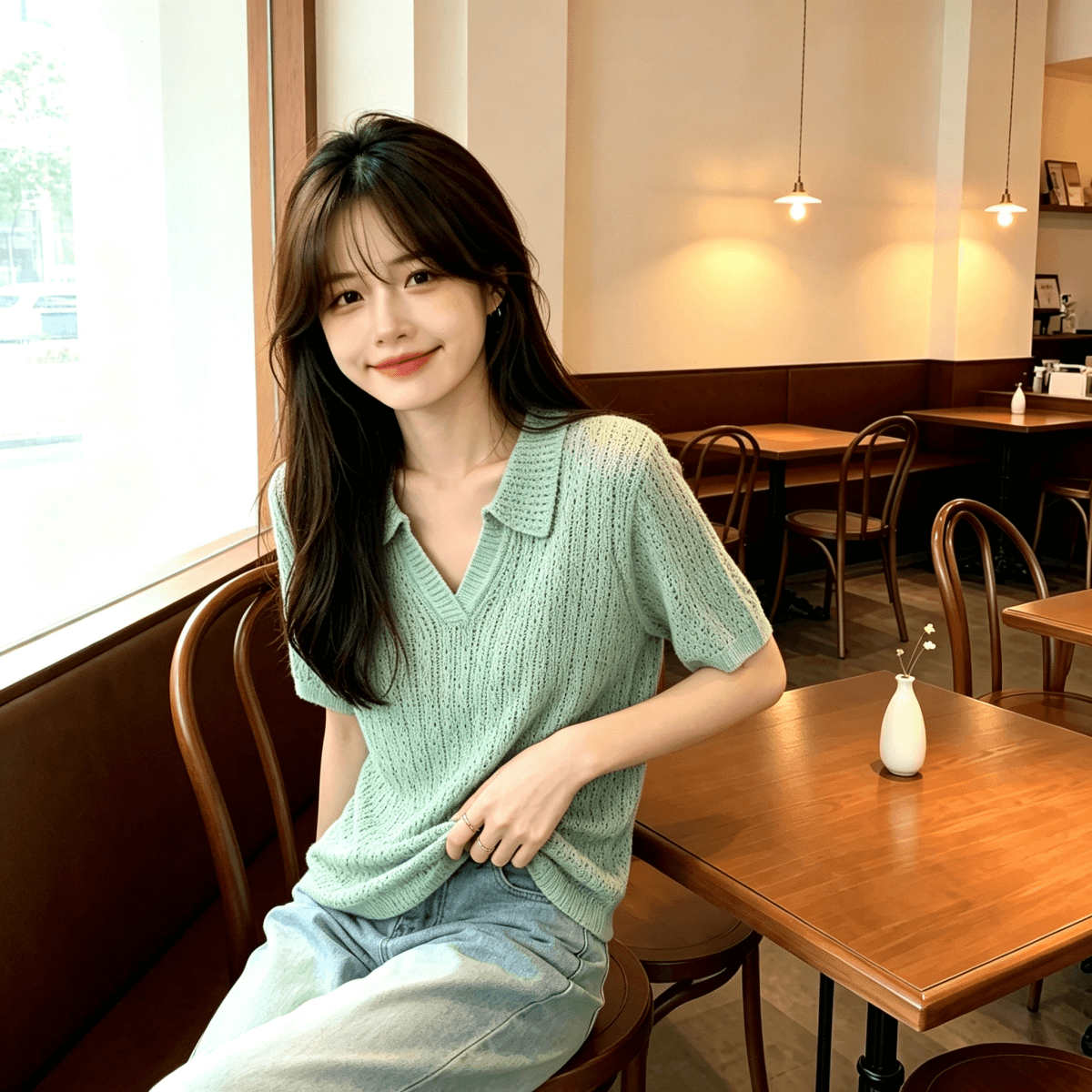 높음 지혜 센스 착용 가져 가라. 녹색 POLO 칼라 홀로우 아웃 반팔 티셔츠 여성 여름 얇은 스타일 폴로 칼라 얼음 마 니트 스웨터 맨위 상세 이미지 1