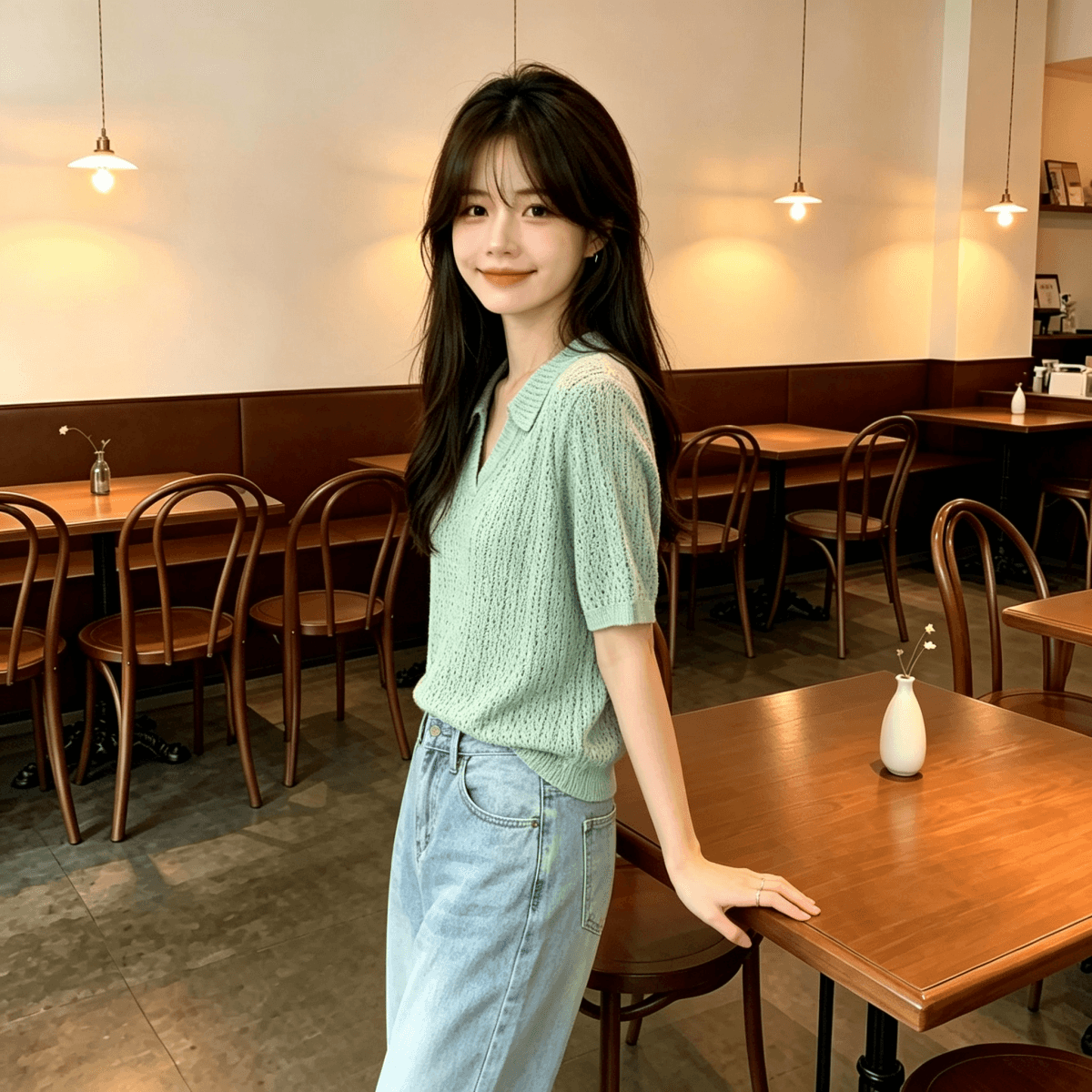 높음 지혜 센스 착용 가져 가라. 녹색 POLO 칼라 홀로우 아웃 반팔 티셔츠 여성 여름 얇은 스타일 폴로 칼라 얼음 마 니트 스웨터 맨위 상세 이미지 4