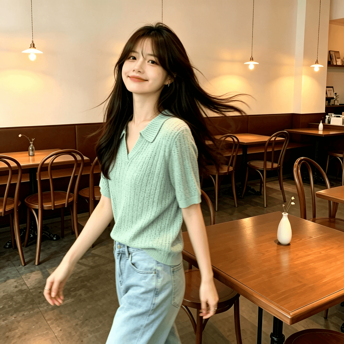 높음 지혜 센스 착용 가져 가라. 녹색 POLO 칼라 홀로우 아웃 반팔 티셔츠 여성 여름 얇은 스타일 폴로 칼라 얼음 마 니트 스웨터 맨위 상세 이미지 6
