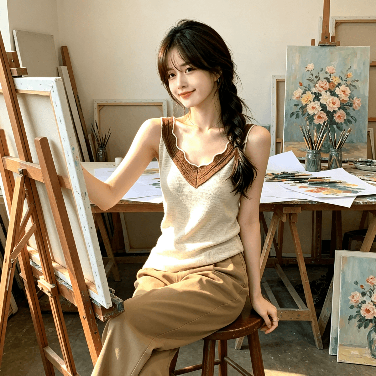 고유 한 빛 럭셔리 배색 캐미솔 여름 새로운 패션 얼음 실크 차가운 센스 통기성 외출용 얇은 어깨 맨위 이미지 5