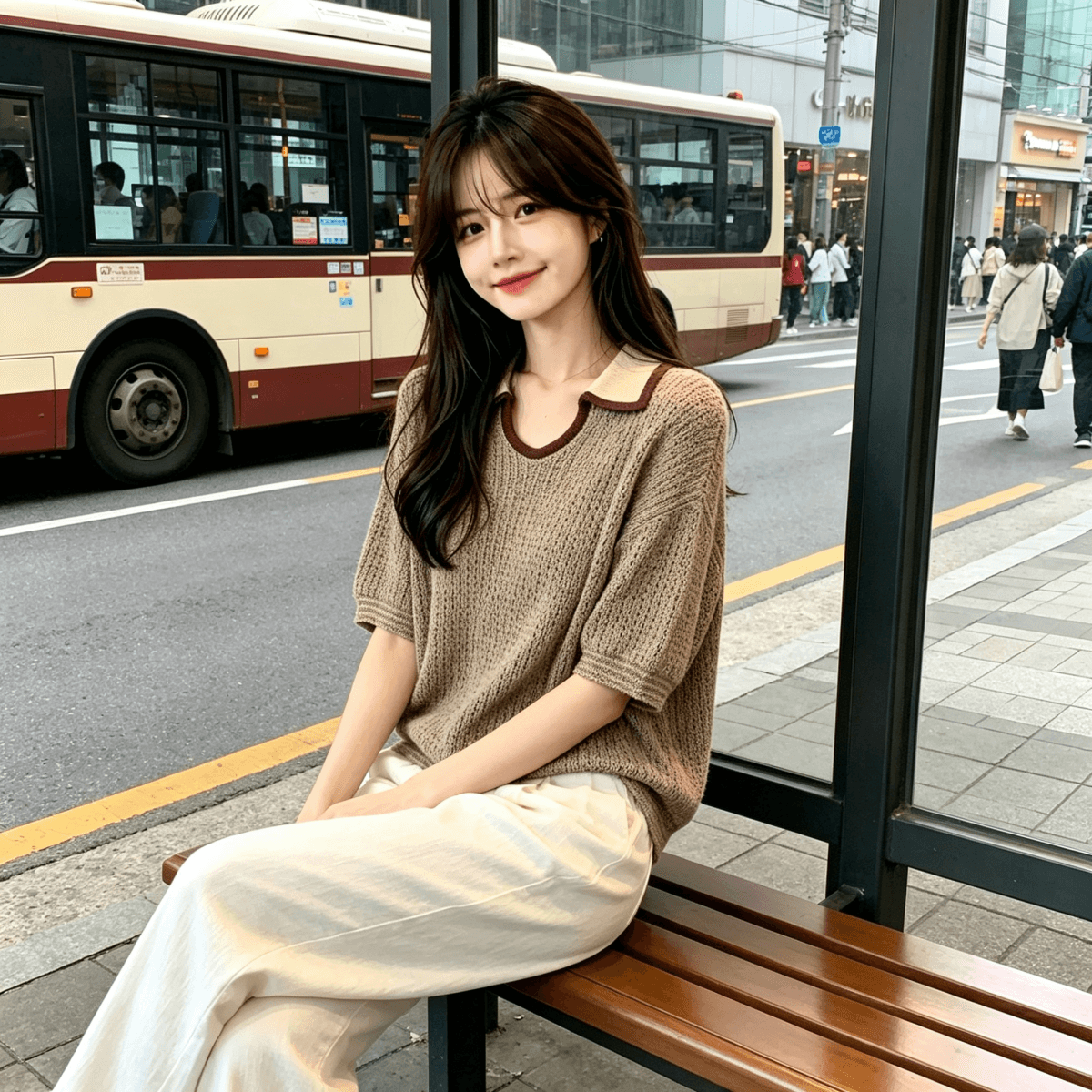 한 부서 오래된 돈 바람 작은 대중 배색 u 종류 폴로 칼라 얇은 스타일 아마 니트 스웨터 여름 새로운 루즈핏 반팔 맨위 여성 이미지 2