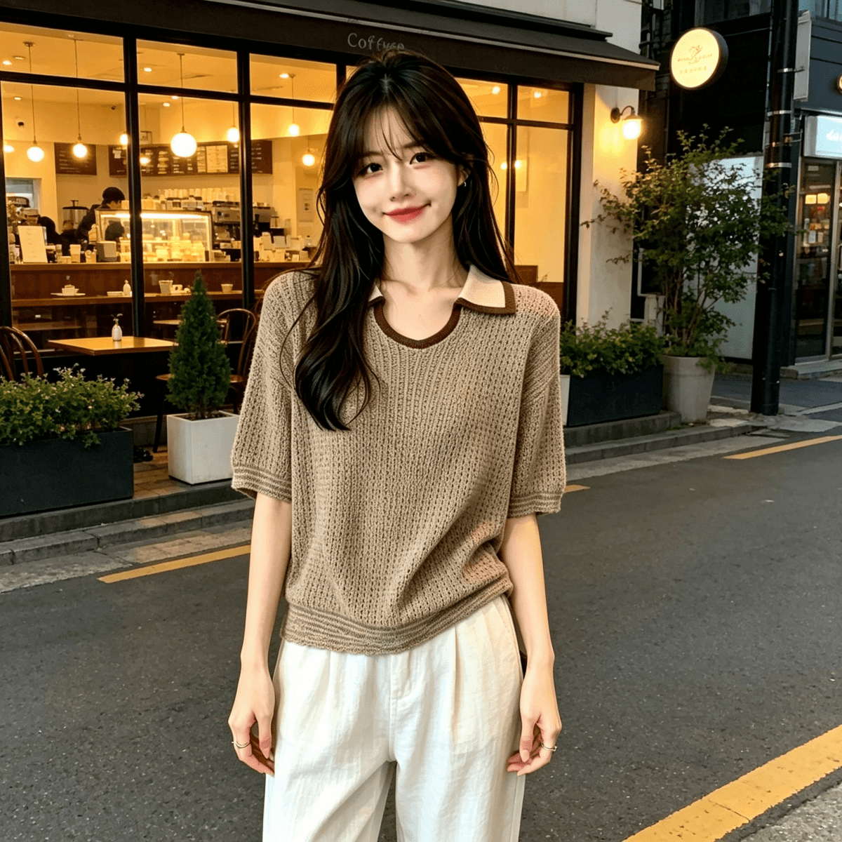 한 부서 오래된 돈 바람 작은 대중 배색 u 종류 폴로 칼라 얇은 스타일 아마 니트 스웨터 여름 새로운 루즈핏 반팔 맨위 여성
