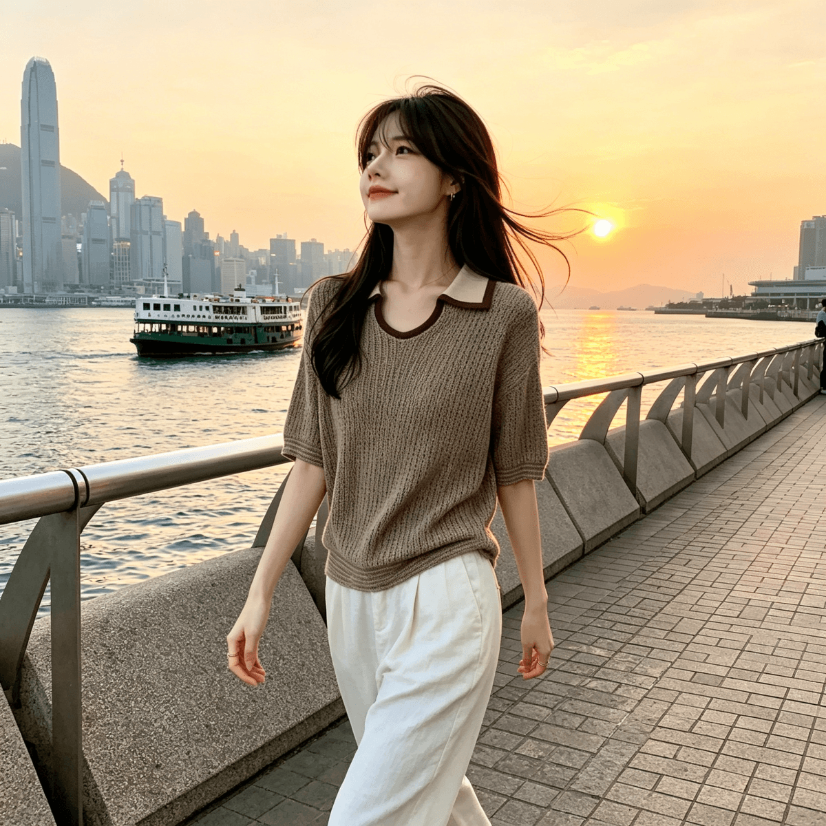 한 부서 오래된 돈 바람 작은 대중 배색 u 종류 폴로 칼라 얇은 스타일 아마 니트 스웨터 여름 새로운 루즈핏 반팔 맨위 여성 이미지 5