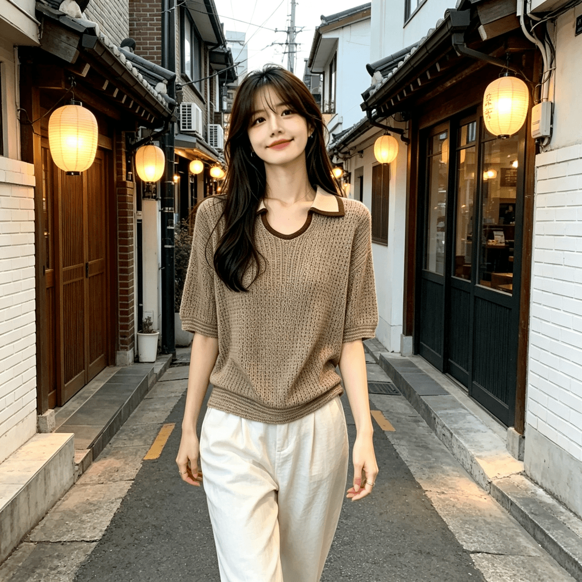 한 부서 오래된 돈 바람 작은 대중 배색 u 종류 폴로 칼라 얇은 스타일 아마 니트 스웨터 여름 새로운 루즈핏 반팔 맨위 여성 상세 이미지 11