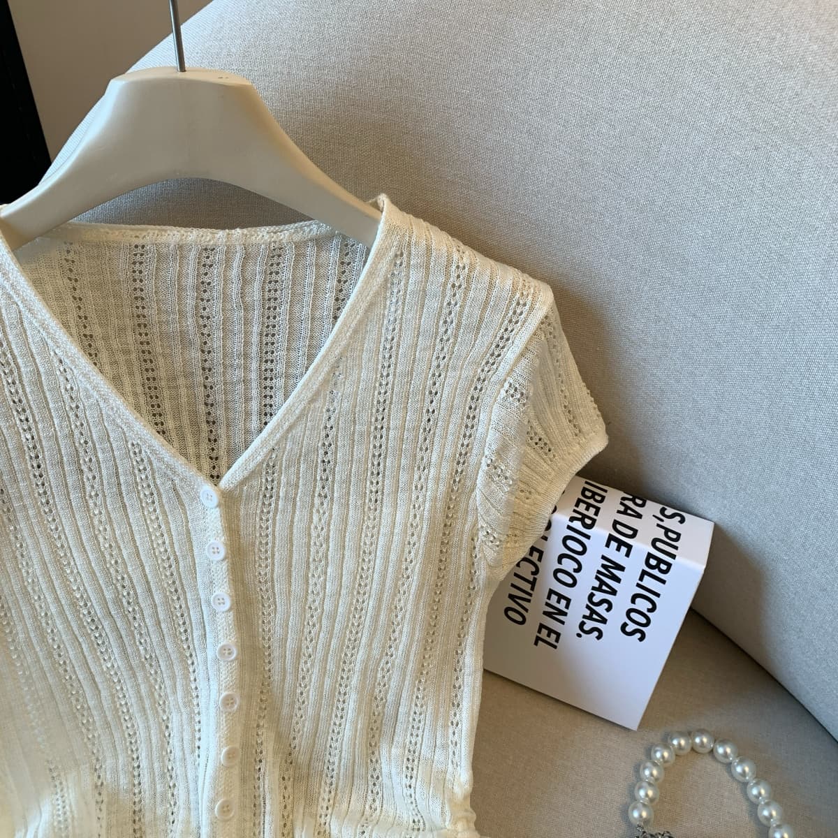 프랑스식 V넥 작은 날다 소매 짠 셔츠 티셔츠 여성 여름 얇은 스타일 작은 키 연령 감소 허리 수축 자이언트 잘 생긴 꼬집기 허리 위로 의류 상세 이미지 2
