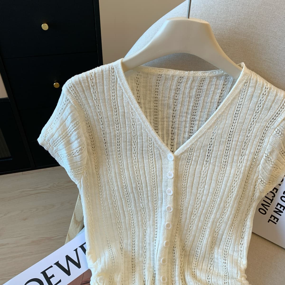 프랑스식 V넥 작은 날다 소매 짠 셔츠 티셔츠 여성 여름 얇은 스타일 작은 키 연령 감소 허리 수축 자이언트 잘 생긴 꼬집기 허리 위로 의류 상세 이미지 5