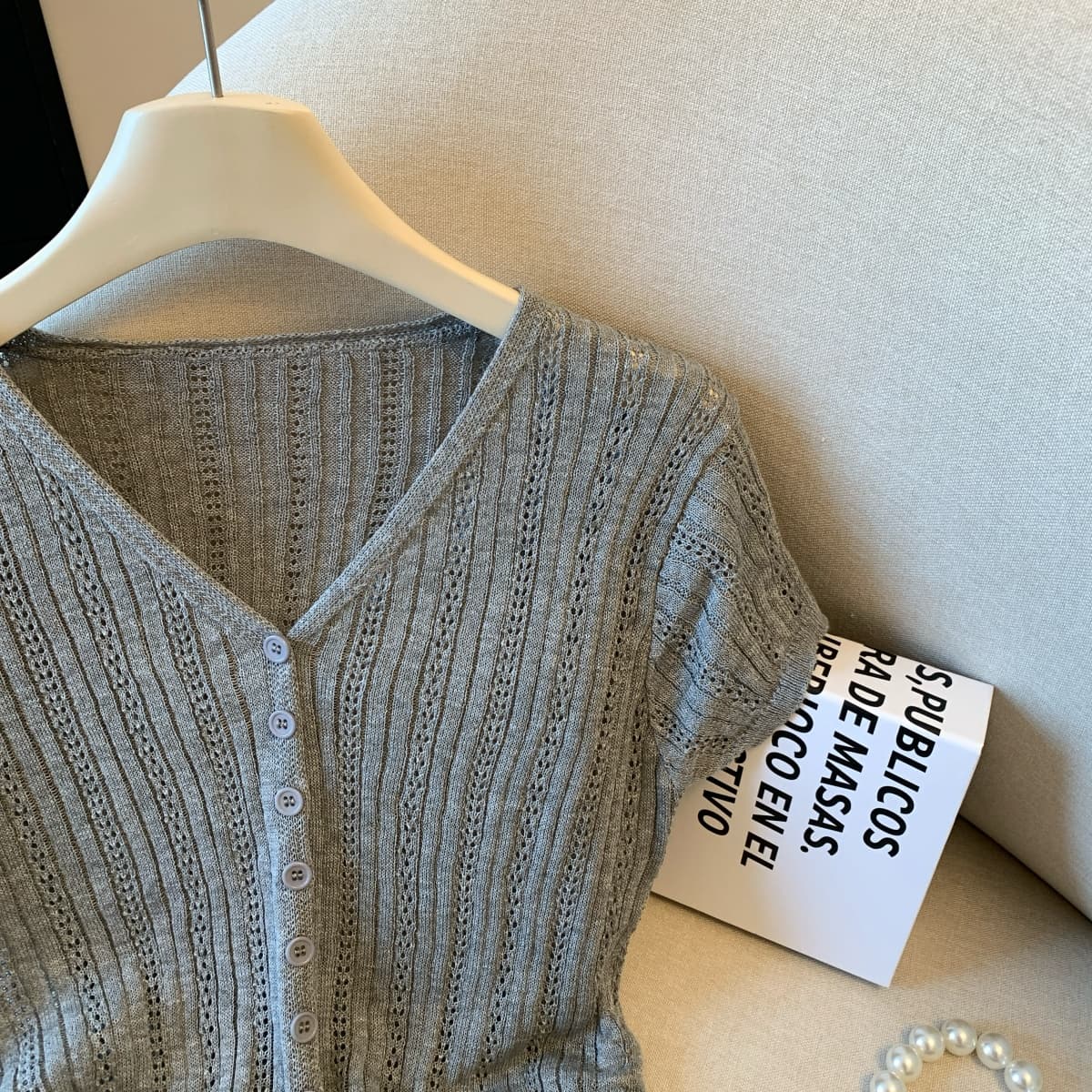프랑스식 V넥 작은 날다 소매 짠 셔츠 티셔츠 여성 여름 얇은 스타일 작은 키 연령 감소 허리 수축 자이언트 잘 생긴 꼬집기 허리 위로 의류 상세 이미지 9