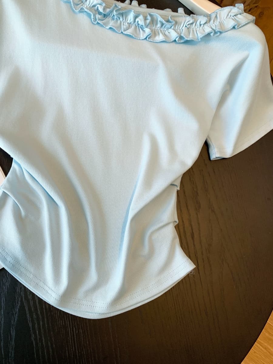 한 부서 프릴 비스듬한 칼라 오프숄더 허리 수축 반팔 티셔츠 여성 여름 스트라이프 달콤함 휴가 바람 슬림해 보이는 다용도 맨위 상세 이미지 22