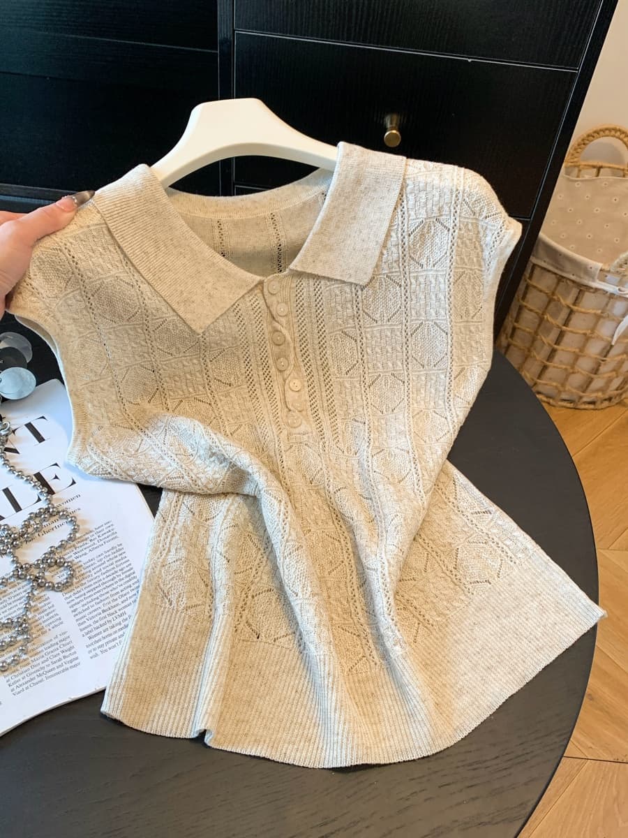 오래된 돈 바람 홀로우 아웃 POLO 칼라 니트 조끼 여자 여름 루즈핏 슬림해 보이는 민소매 조끼 자이언트 잘 생긴 외출용 맨위 상세 이미지 8