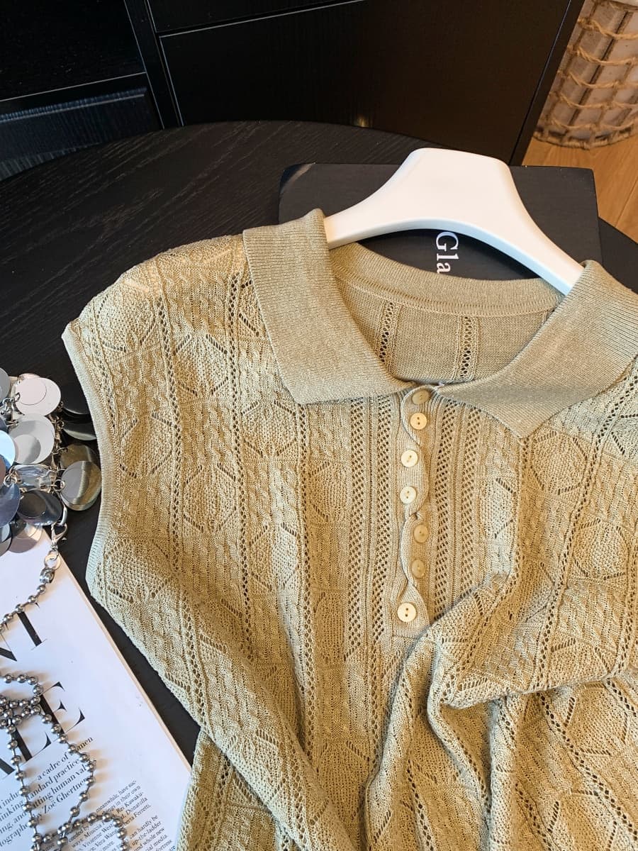오래된 돈 바람 홀로우 아웃 POLO 칼라 니트 조끼 여자 여름 루즈핏 슬림해 보이는 민소매 조끼 자이언트 잘 생긴 외출용 맨위 상세 이미지 12