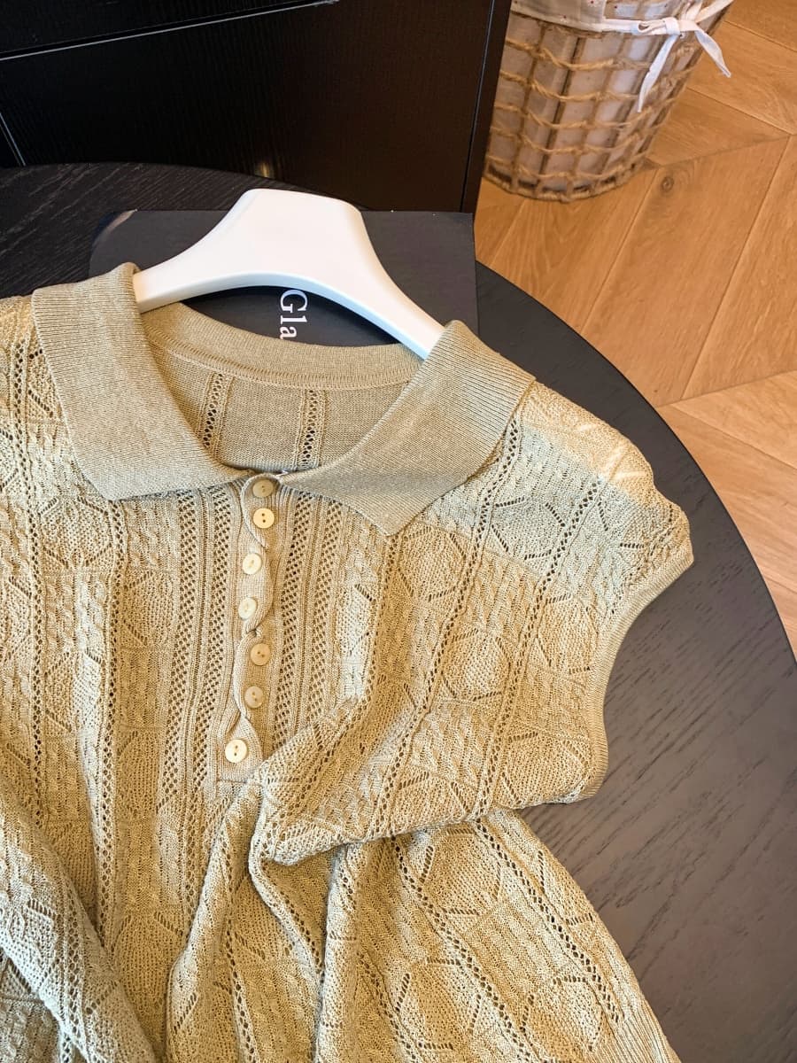 오래된 돈 바람 홀로우 아웃 POLO 칼라 니트 조끼 여자 여름 루즈핏 슬림해 보이는 민소매 조끼 자이언트 잘 생긴 외출용 맨위 상세 이미지 13