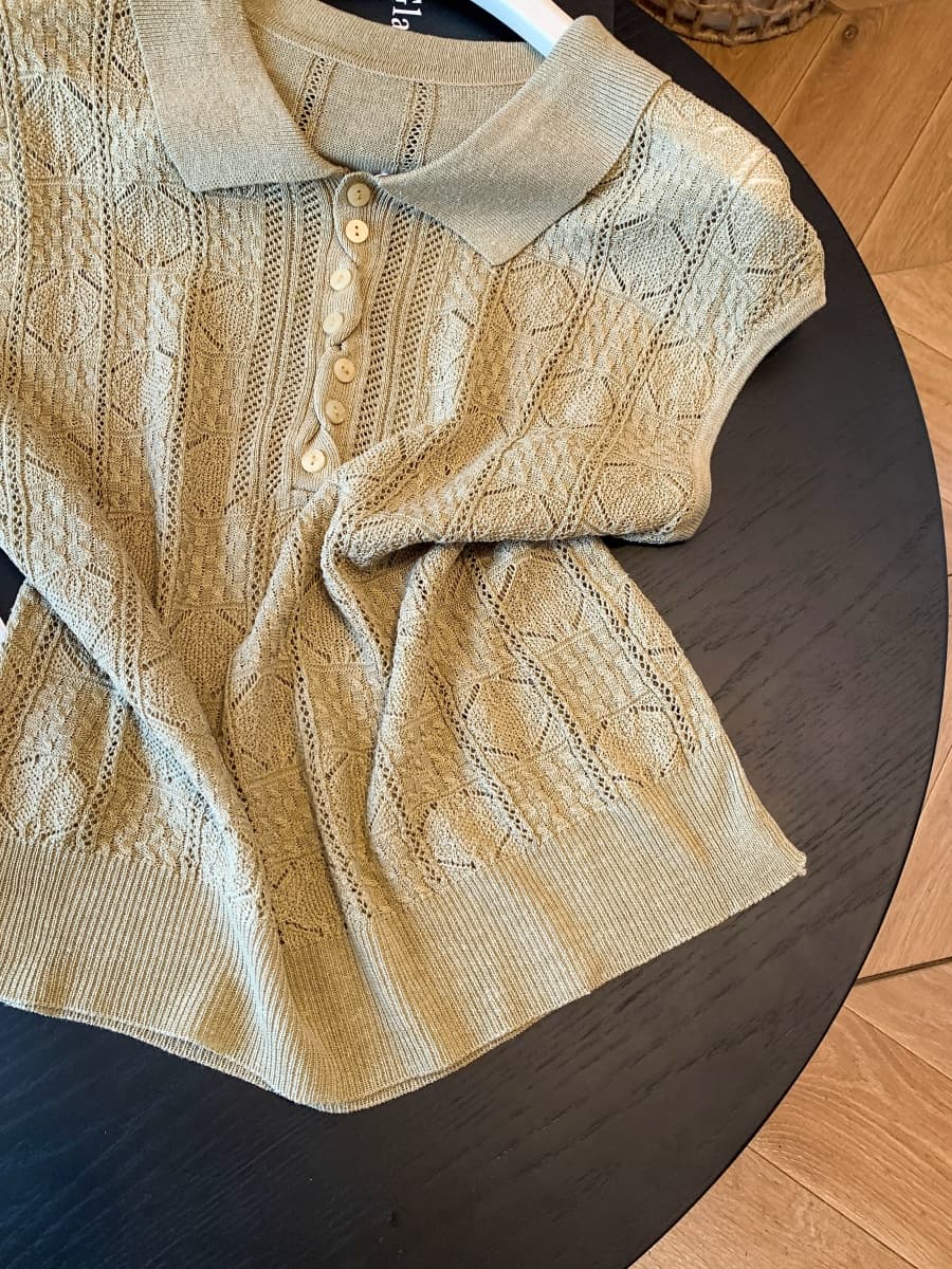 오래된 돈 바람 홀로우 아웃 POLO 칼라 니트 조끼 여자 여름 루즈핏 슬림해 보이는 민소매 조끼 자이언트 잘 생긴 외출용 맨위 상세 이미지 14
