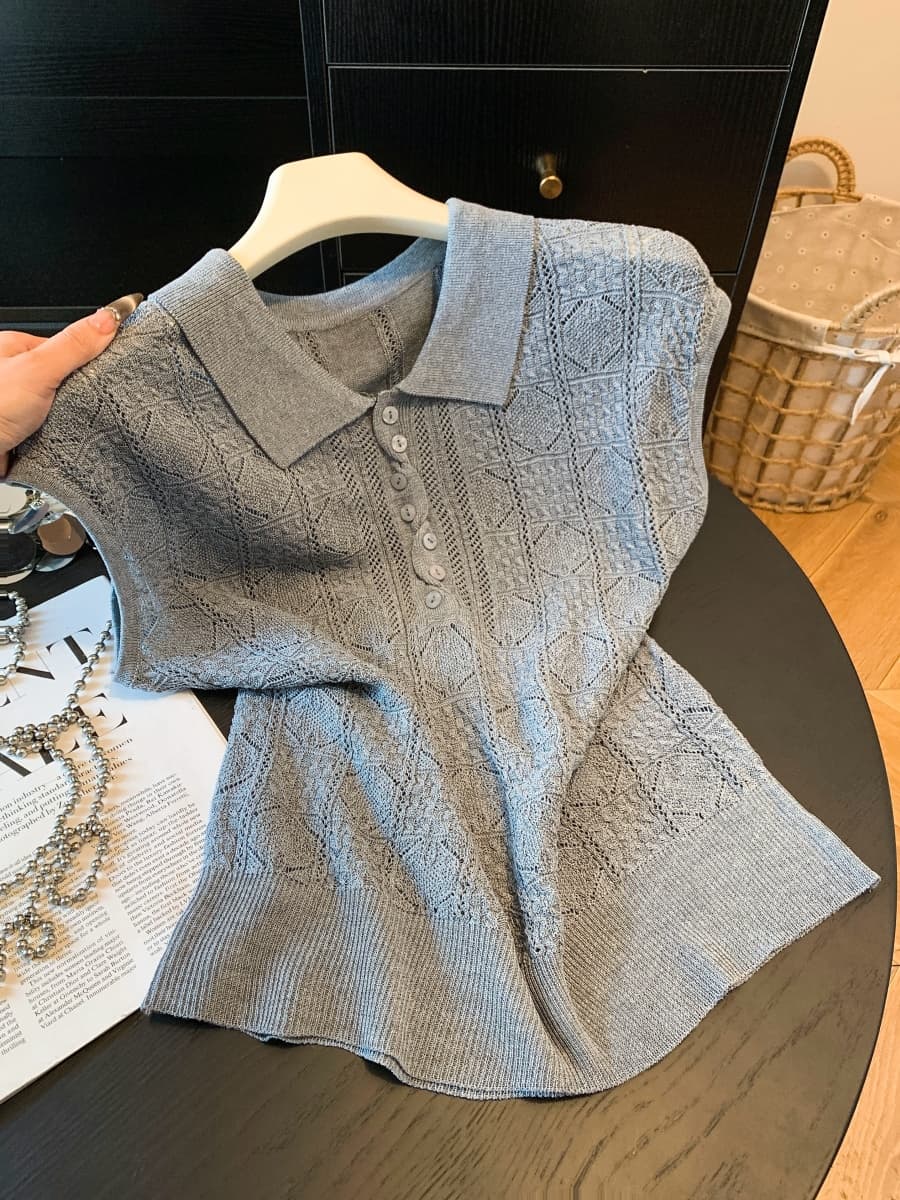 오래된 돈 바람 홀로우 아웃 POLO 칼라 니트 조끼 여자 여름 루즈핏 슬림해 보이는 민소매 조끼 자이언트 잘 생긴 외출용 맨위 상세 이미지 24